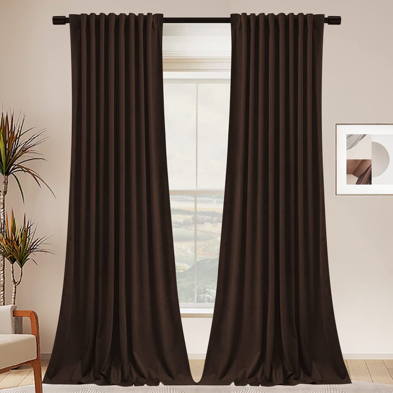 SNITIE Brown 96 in Long Velvet Curtains with Back Tab and Rod Pocket Thermal Insulated Soft Privacy Light Filtering Velvet Drapes for Bedroom and Living Room  Set of 2 Panels  52 x 96 Inches Long - Image 1